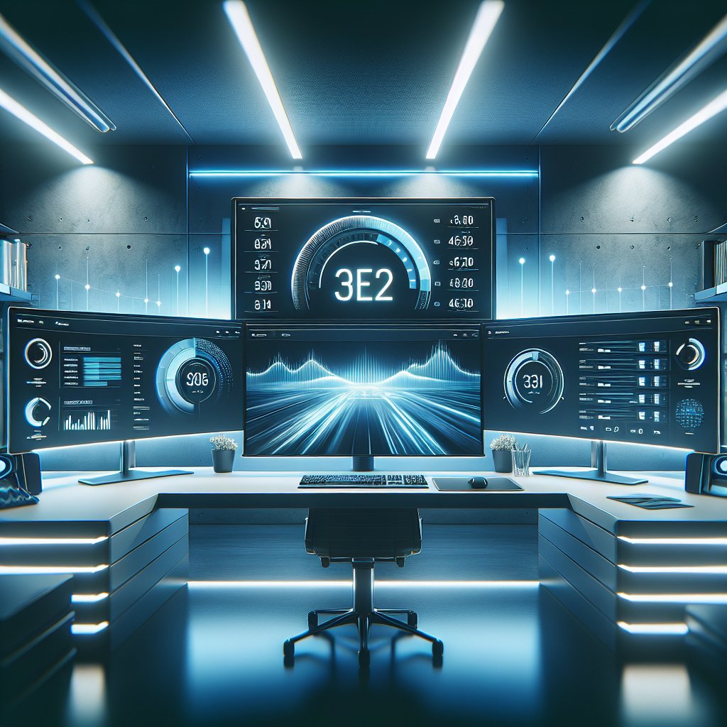 Workspace with multiple monitors displaying speed metrics and performance dashboards, illuminated by cool blue